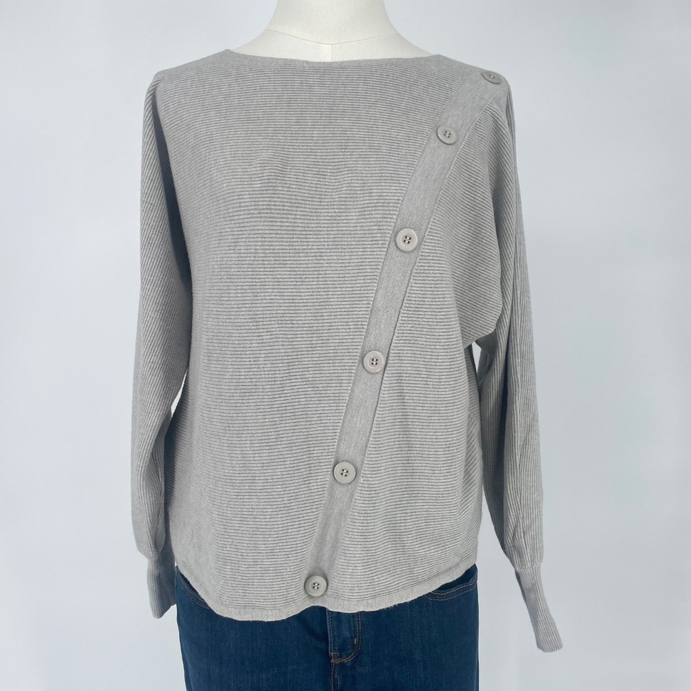 Vila Milano Women's Small Gray Ribbed Knit Button Accent Long‎ Sleeve Pullover